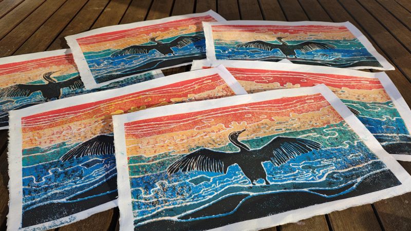 cormorant colour reduction lino print