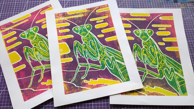 praying mantis lino print
